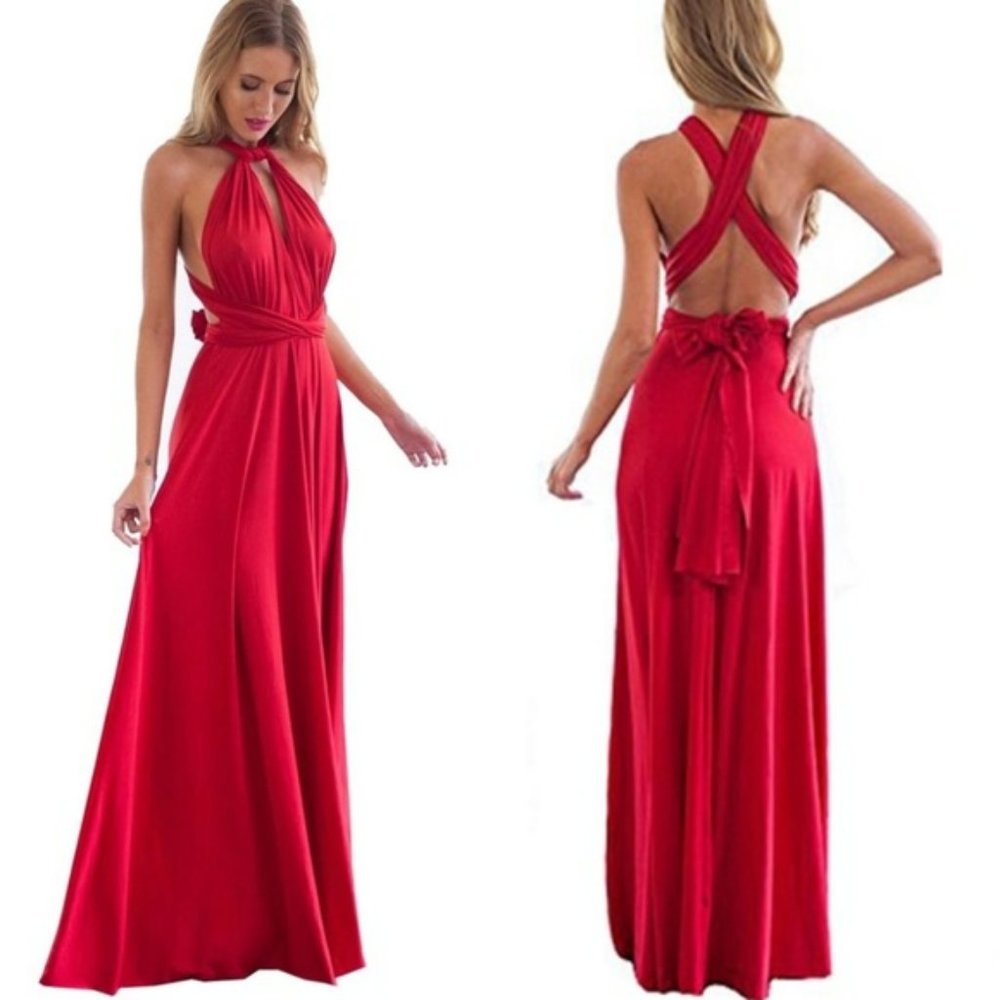 318 NWT Boutique Long Red Flowing Infinity Convertible Maxi Dress sz S M L